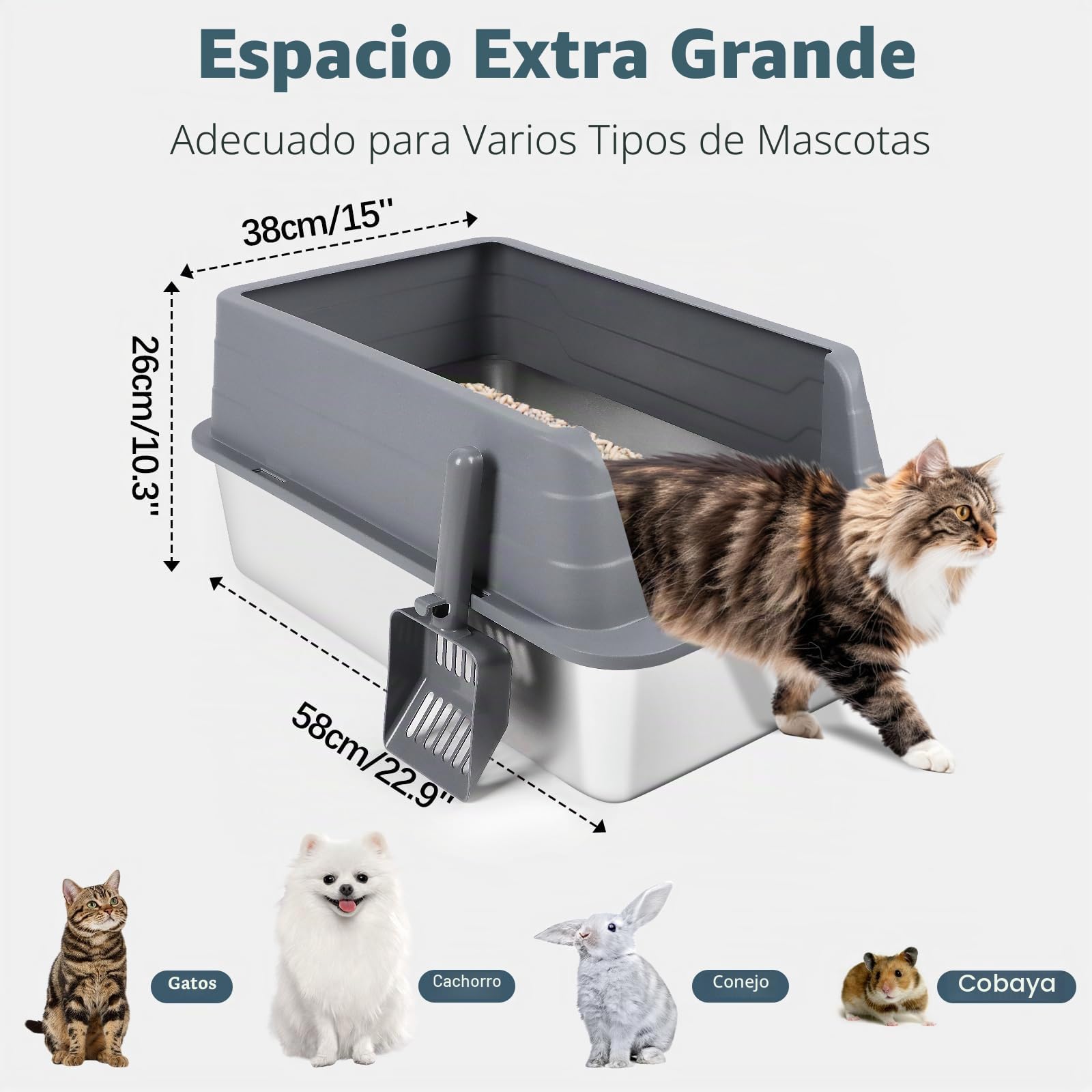 Cajas de Arena para Gatos de Acero Inoxidable con Pala, Bandeja higiénica de Lados Altos, antisalpicaduras, sin olores, Antiadherente, fácil de Limpiar (Gris Oscuro, 3 Unidad)