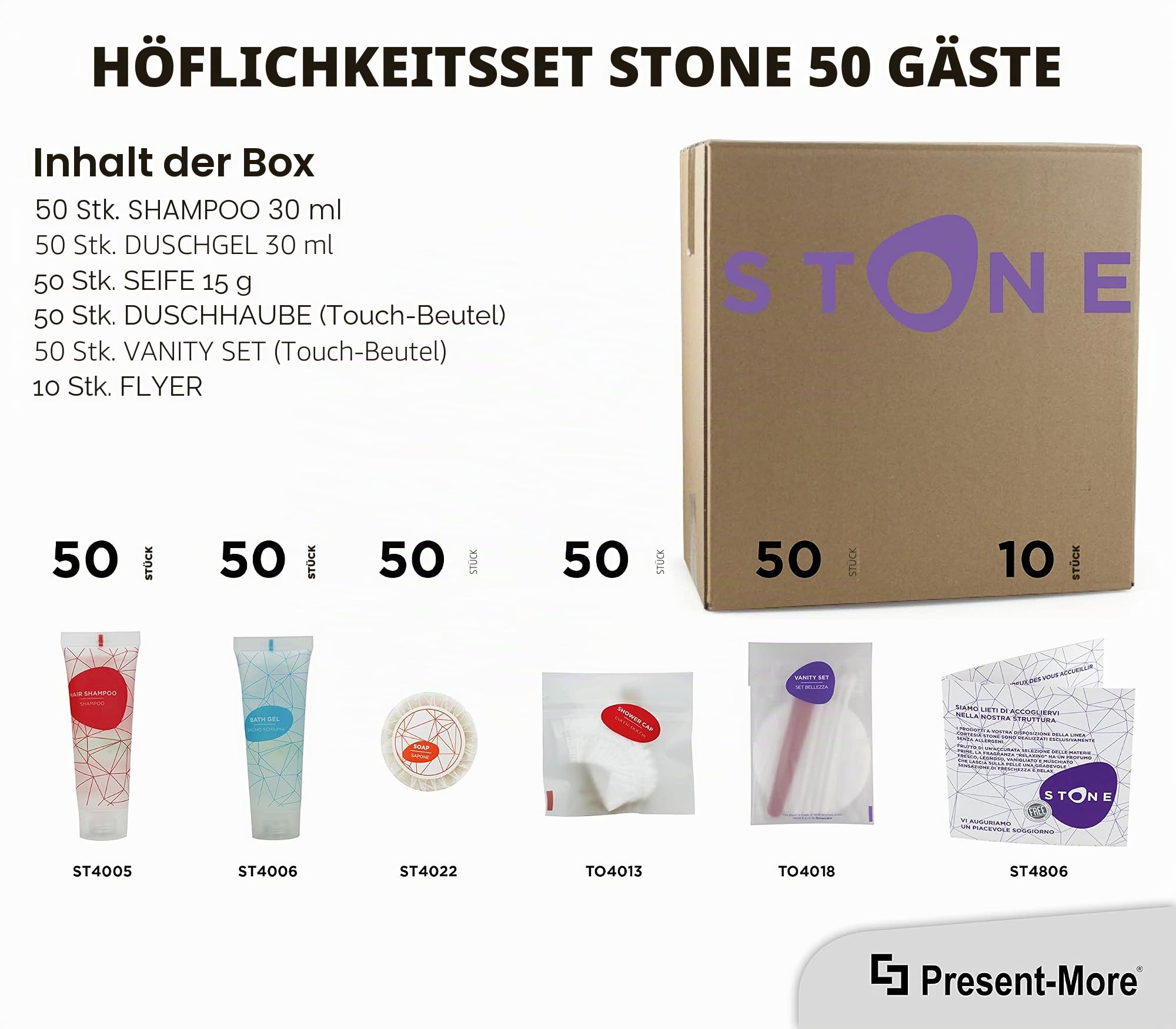 Present-More Amenities Kit Stone - Toilettenartikel 50 Gäste für Hotels und B&B | Allergenfreie Amenities Kit mit Duftnote Relaxing
