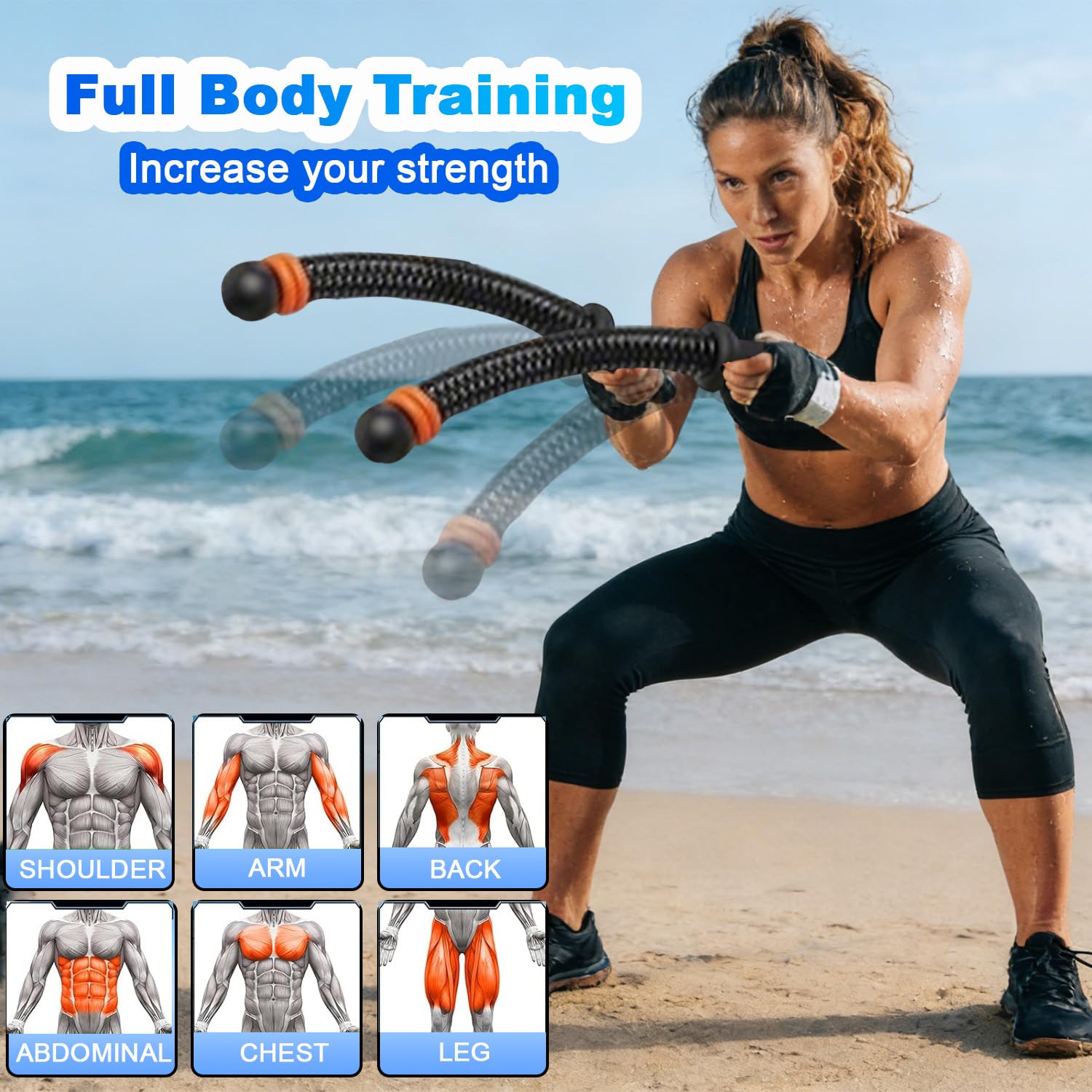 Seillose Kampfseile, verstellbarer Widerstand, schnurlose gewichtete Trainingsseile für Zuhause, Fitnessstudio, tragbares HIIT-Trainingsgerät für Kraft, Cardio, Ganzkörperübungen für Männer und Frauen