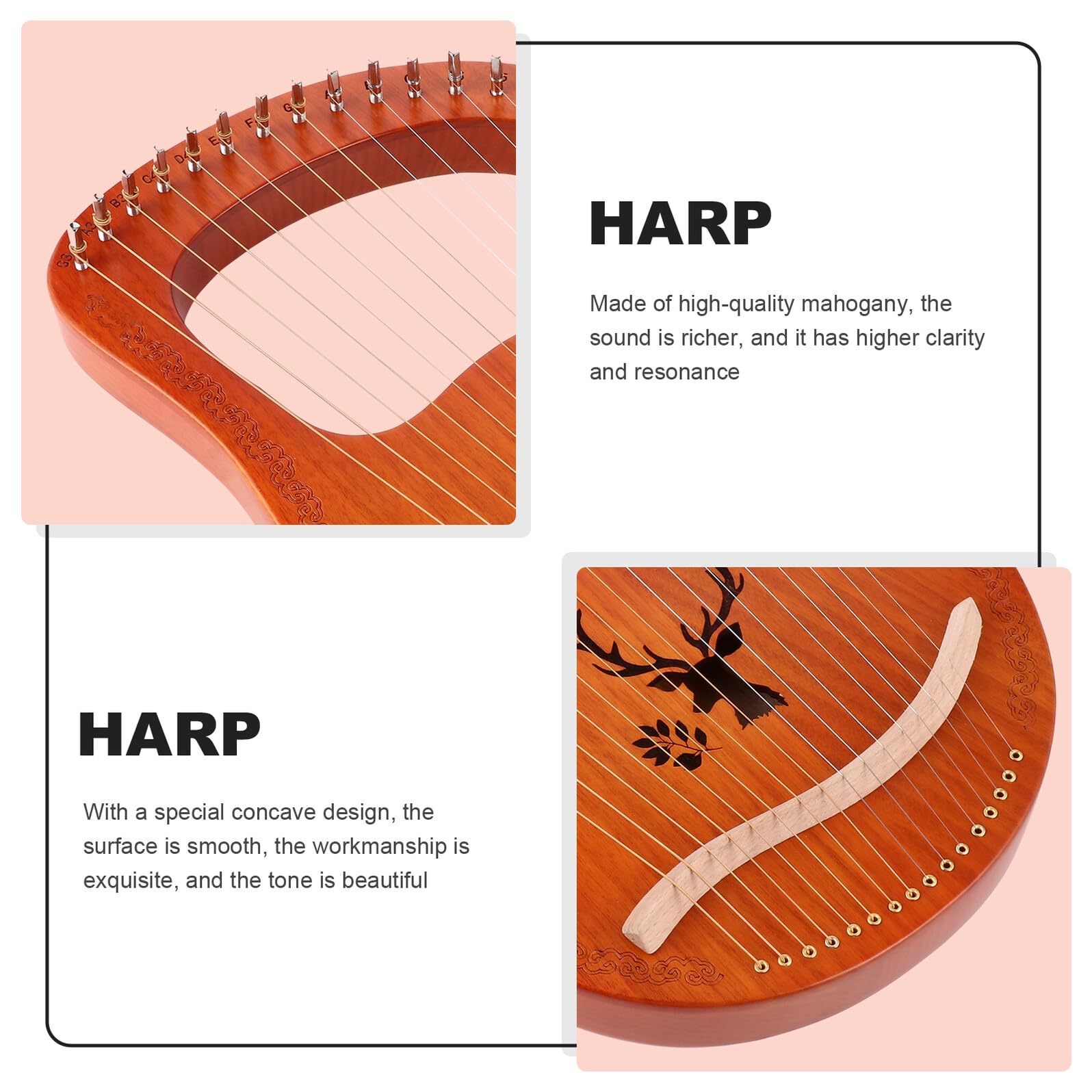SUPVOX Arpa Lira Portatile a 16 Corde in Legno Massello Corde Metalliche Resistenti per Principianti e Appassionati Strumento Musicale Bordi Arrotondati e Pannello Decorativo a Renna