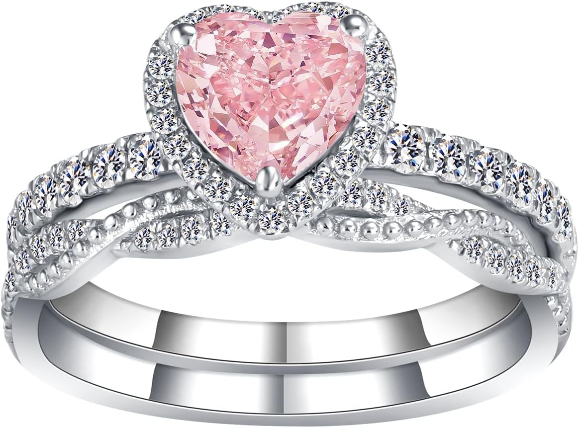 Heart Cut Pink Moissanite Engagement Ring Set for Women, Sterling Silver 1 Carat Pink Heart Cut Shape Bridal Wedding Ring Set Anniversary Jewelry Gifts for Her