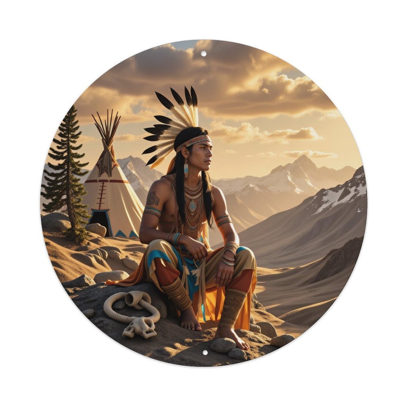 Native American Warrior Landscape Sunset Round Tin Sign Vintage Metal Poster, Home Bar Garage Man Cave Cafe Indoor & Outdoor Wall Decoration 8x8Inches