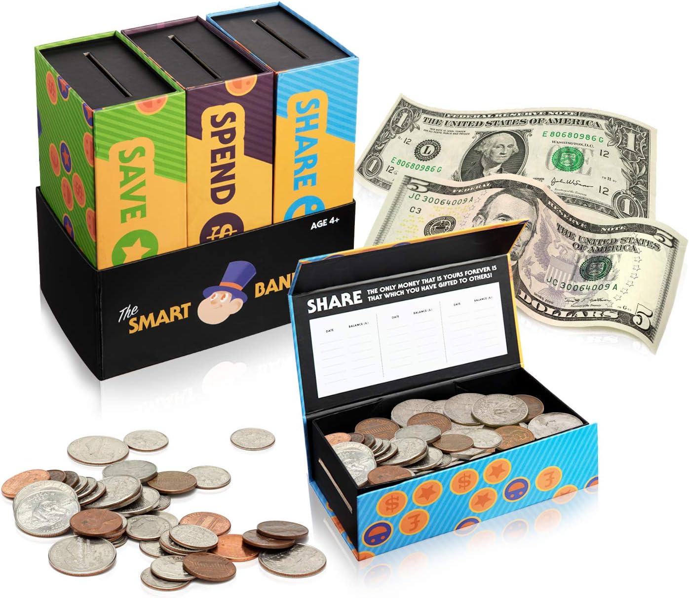 Smart Piggy Bank Trio Set for Kids- 3-in-1 Novelty, Money-Wise Educational Toy for Boys + Girls-Learn About Spending, Saving, Sharing- Large + Unisex Colorful Designs- Perfect Birthday