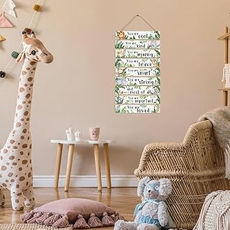 KAIRNE Jungle Animals Hanging Sign, Inspirational Phrases Wall Art for Nursery, Woodland Animals Wooden Sign for Kids Bedroom, Motivational Quotes Wall Plaque