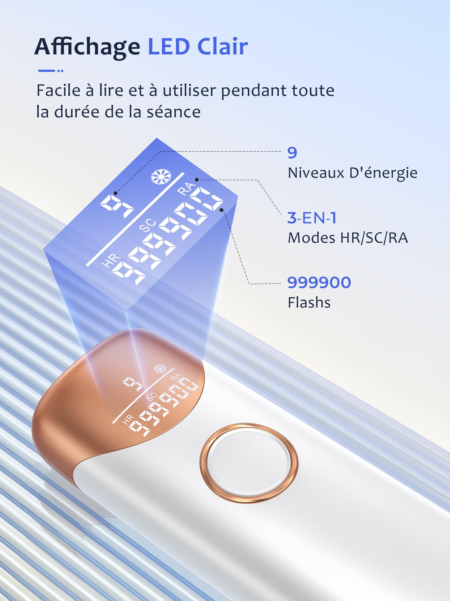 Épilateur Lumière Pulsée avec Système de Refroidissement par Glace, Épilateur à Lumière Pulsée avec 9 Niveaux D'énergie, 999 900 Flashs, Épilation Laser pour Visage, Jambes et Corps