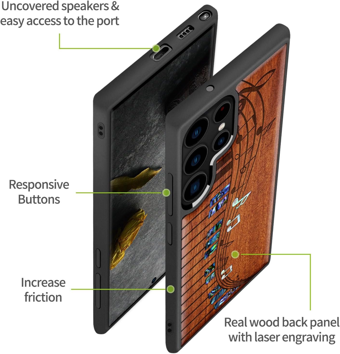 Carveit Designer Wooden Cover for Samsung Galaxy S22 Ultra Case [Wood Engraving & Shell Inlay] Compatible with Wireless Chargers S22 Ultra (Melodic Waves-Rosy)