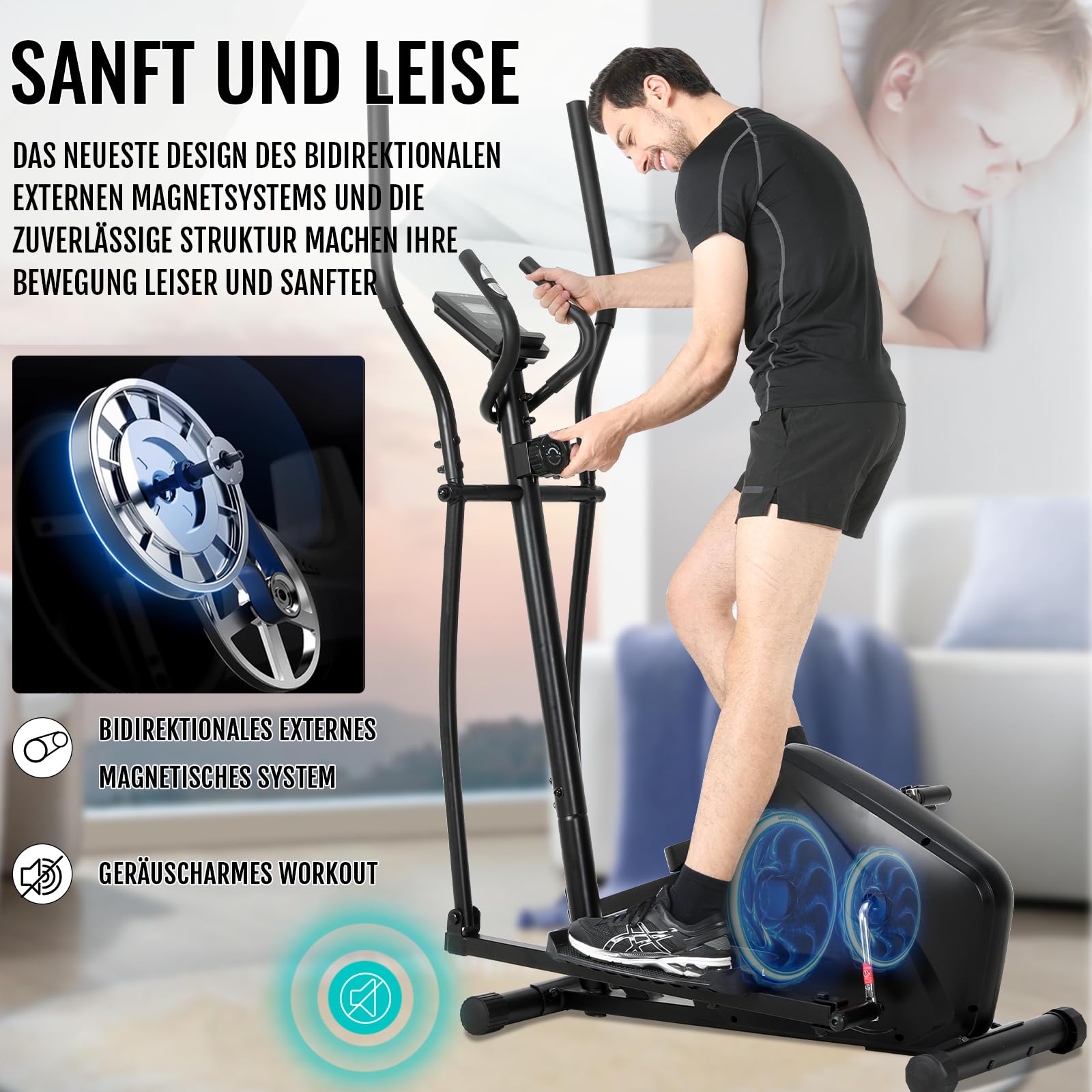 ISE Orbitrek o długości kroku 28 cm do domu, ultralekki trenażer eliptyczny z 8-stopniowym oporem, magnetyczny trener eliptyczny, składany z monitorem LCD, czujnikami tętna