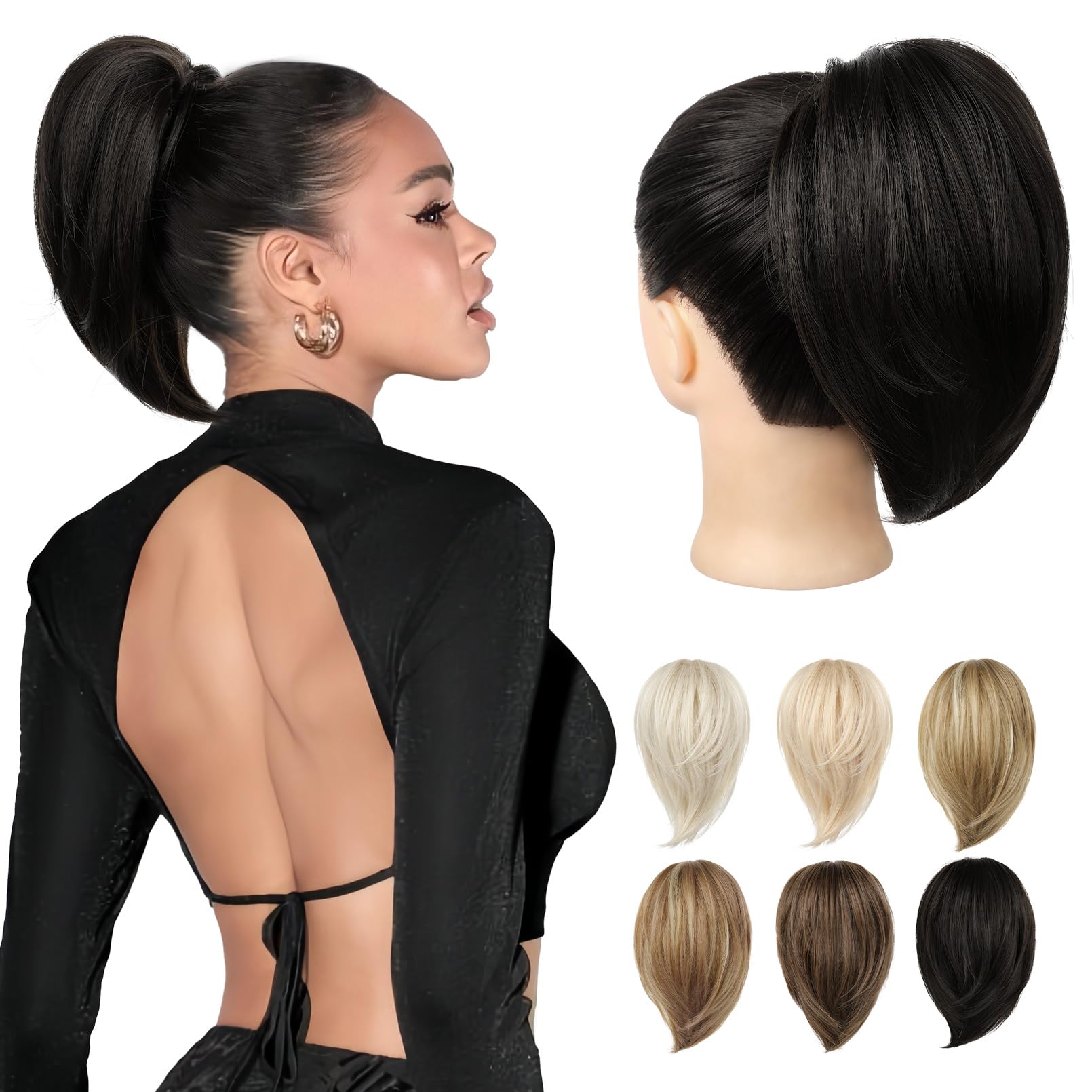 REECHO Ponytail Extension,Claw Clip Hair Bun Hair Piece Short Straight Ponytail Hair Extensions Messy Hair Bun Natural Synthetic Fake Ponytail Hair Pieces for Women- Black Brown