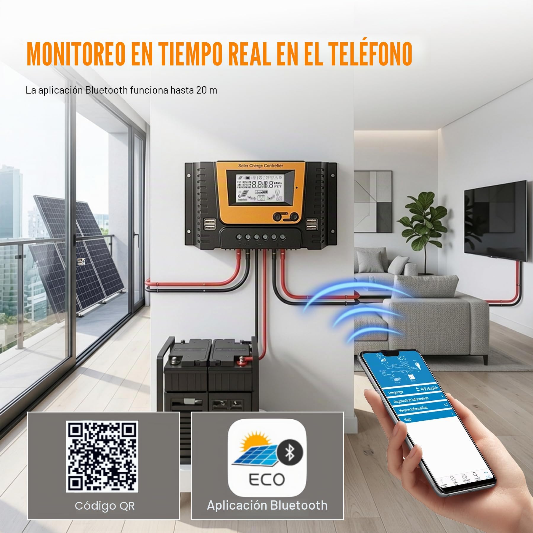 30A Controlador de Carga Solar Con Bluetooth, PWM 30A 12V 24V 36V 48V Regulador Carga Solar con Sensor Ttemperatura LCD Pantalla, 4×USB puerto, Apto muchos 12V 24V 36V 48V LI SLD FLD GEL AGM Baterías