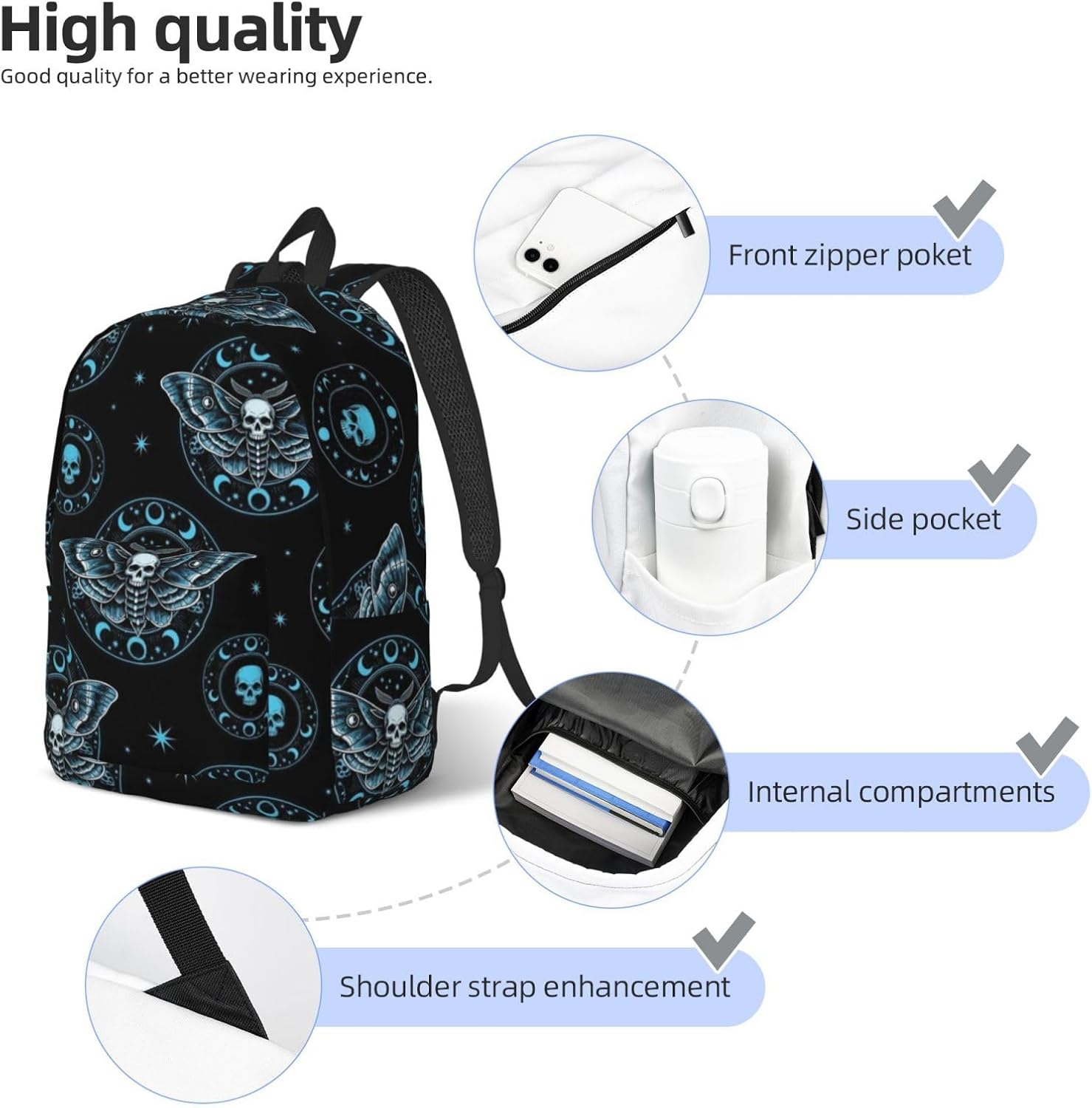 Travel Laptop Backpack - Compatible with Occultism Goth Moth Dead Skull Moon - Business Backpack Anti-Theft College Book Backpack for Women Men, Breathable and Lightweight Gym Bag