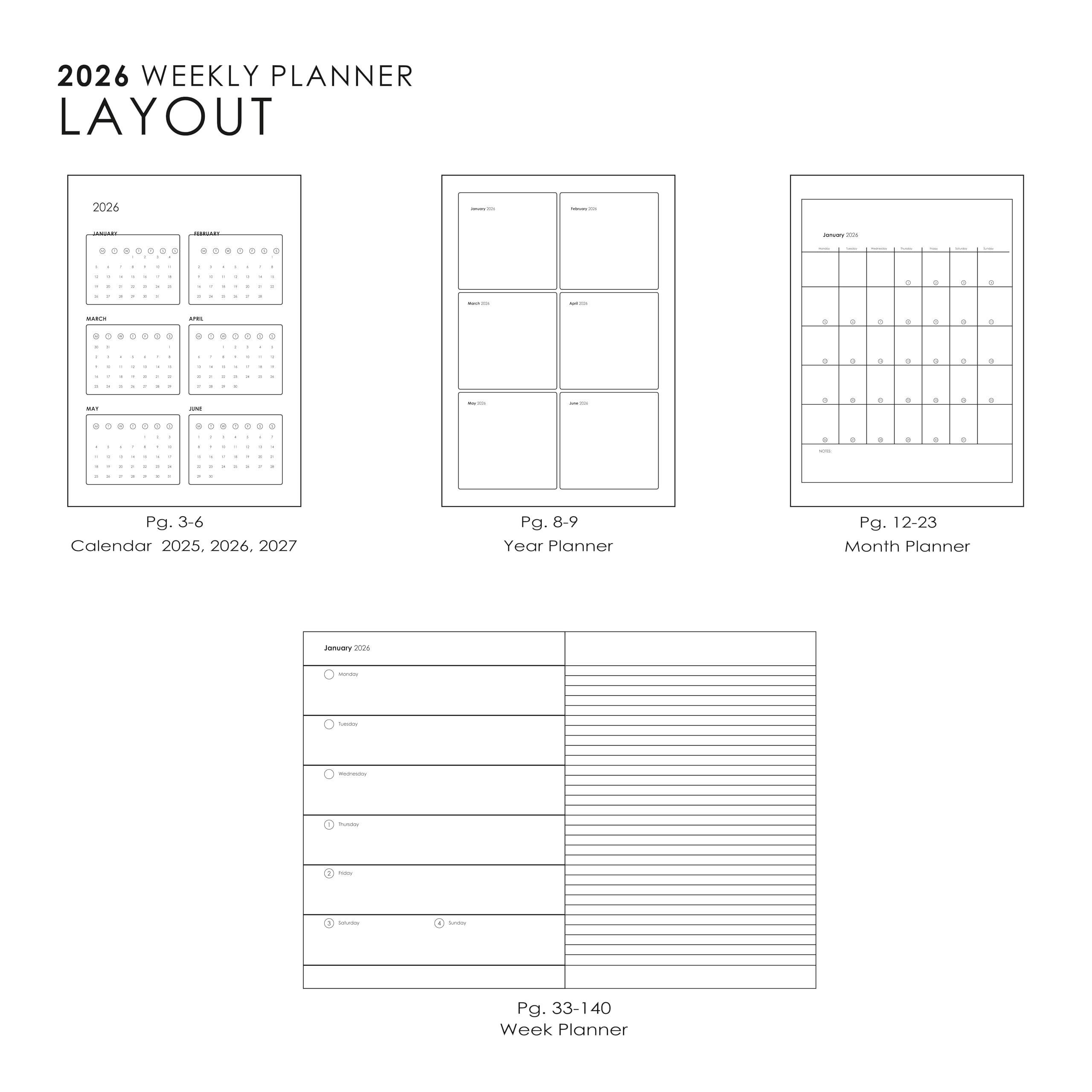 myPAPERCLIP Wochenplaner 2026 | Einband aus italienischem veganem Leder, 192 Seiten, 80 g/m², A5 (14,8 x 21,0 cm) | flach liegend | Jahreskalender, Monatsübersicht & Wochenplaner Layout | Schwarz