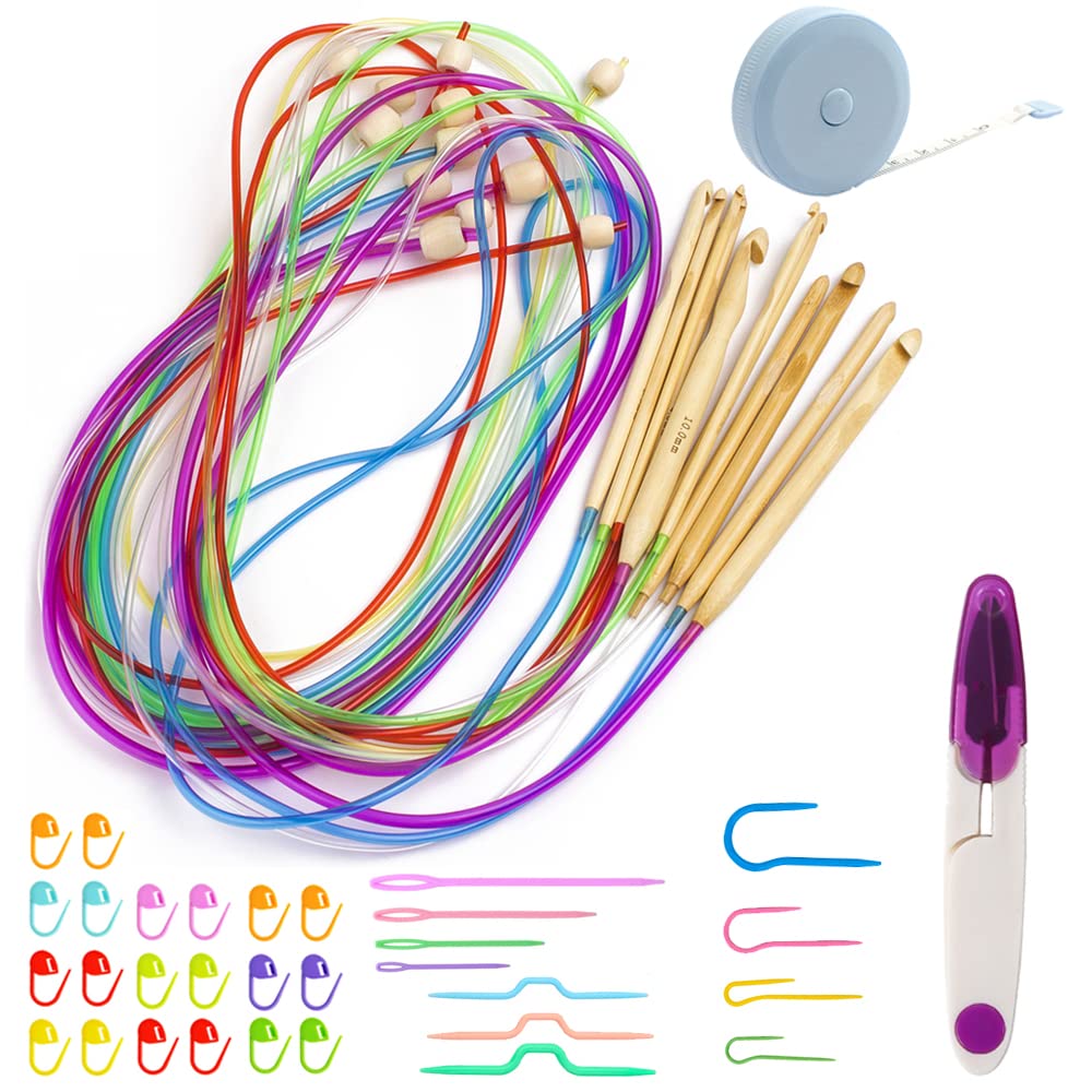 Set 12 Uncinetti Tunisini In Bamb&ugrave; - Misure 3-10mm Con Cavo In Plastica Per Coprileti E Maglioni