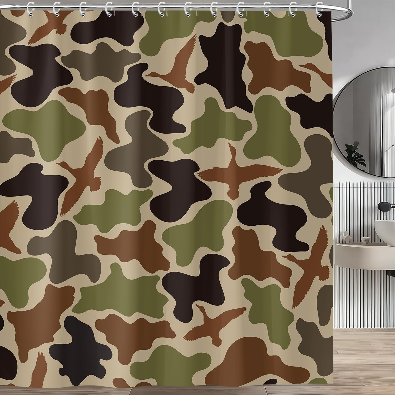 Duck Camo Hunter Green Shower Curtain, Woodland Hunting Boys Teens Shower Curtains Set, Rustic Wild Animal Kids Polyester Fabric Shower Curtains for Bathroom with Hooks 72X84IN Black Brown