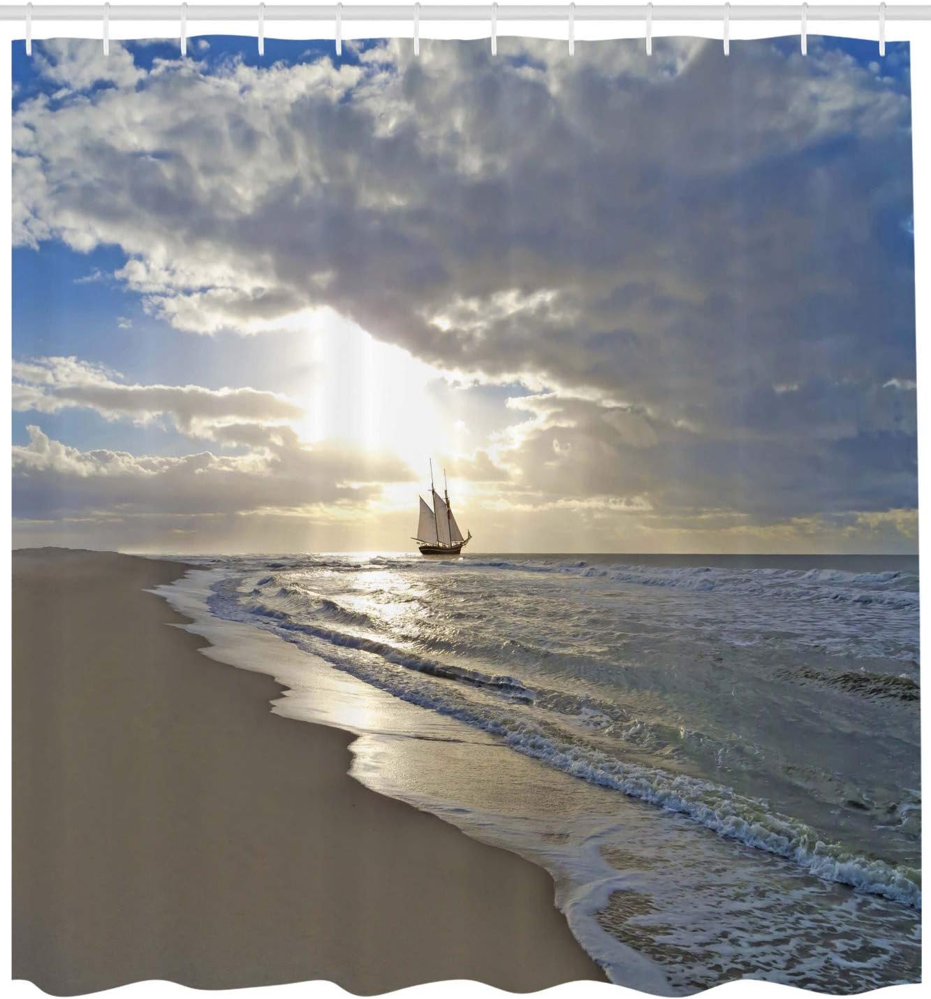 Ambesonne Nautical Shower Curtain, Sailing Ship Close to Sandy Beach in Moody Sunset Paradise Tropical Theme, Cloth Fabric Bathroom Decor Set with Hooks, 69" W x 75" L, Blue Beige White