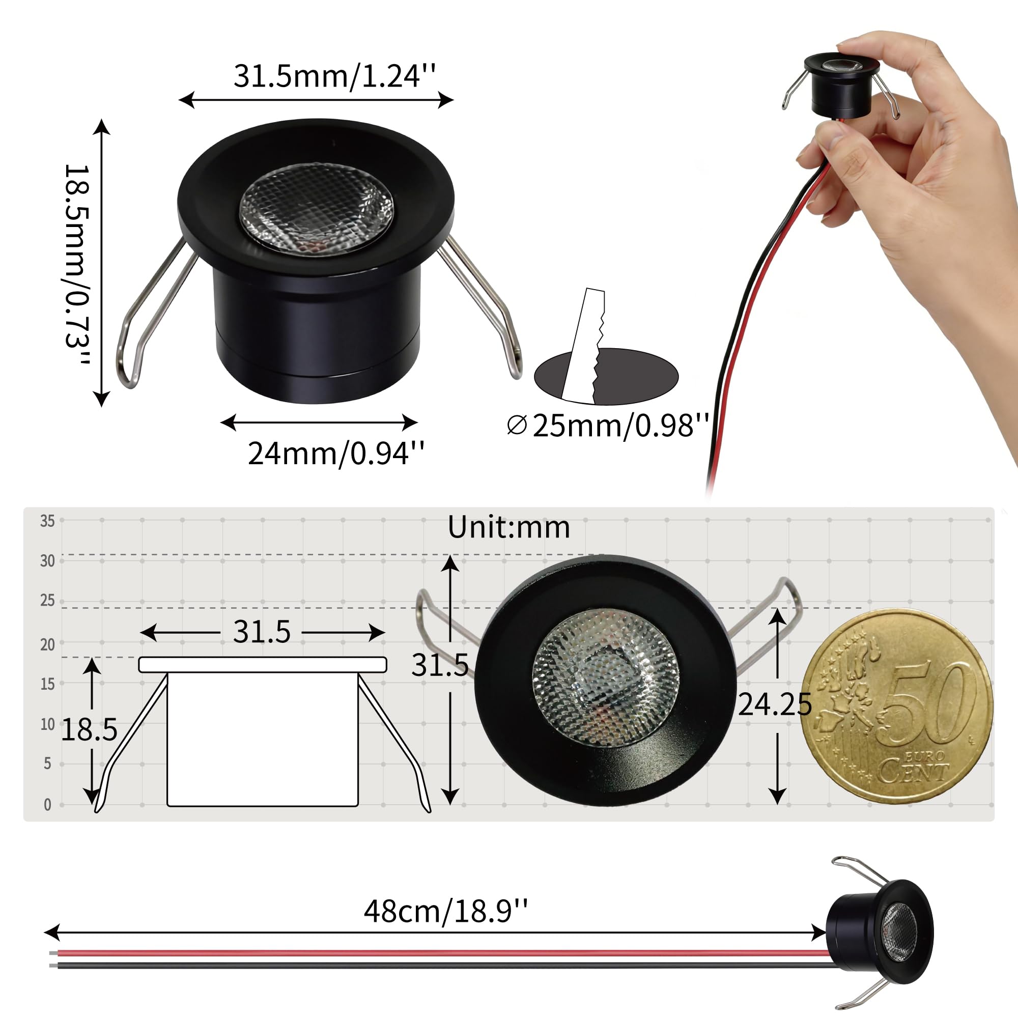 Mini Faretto LED 2W 6pz DC 12V, IP65 Impermeabile Piccolo Faretto da Incasso Soffitto, 25mm Illuminazione Fai-da-Te per Mobili Quadri Pareti Cucina Scale Vetrine Corridoi (Nero Caldo)