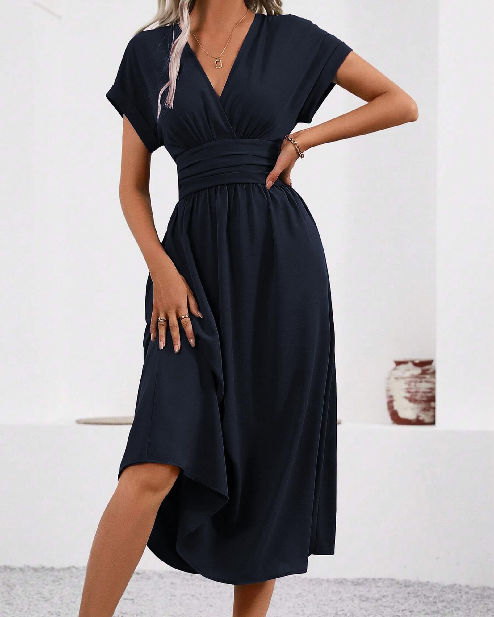 LIAMERHE Damen Langarm/Kurzarm V-Ausschnitt Sommer/Winter Elegant Lang Kleider Herbst Freizeitkleider Plissee Hohe Taille Lässiges Kleid Boho Stil A-Linie Strandkleid Frühling
