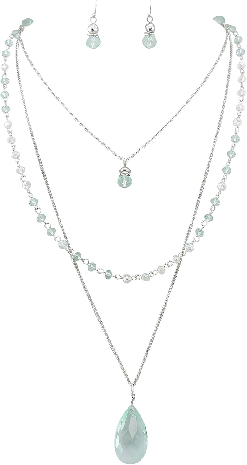 Bocar 3 Layer Jewelry Set Long Chain Pendant Bead Necklace Earring for Women