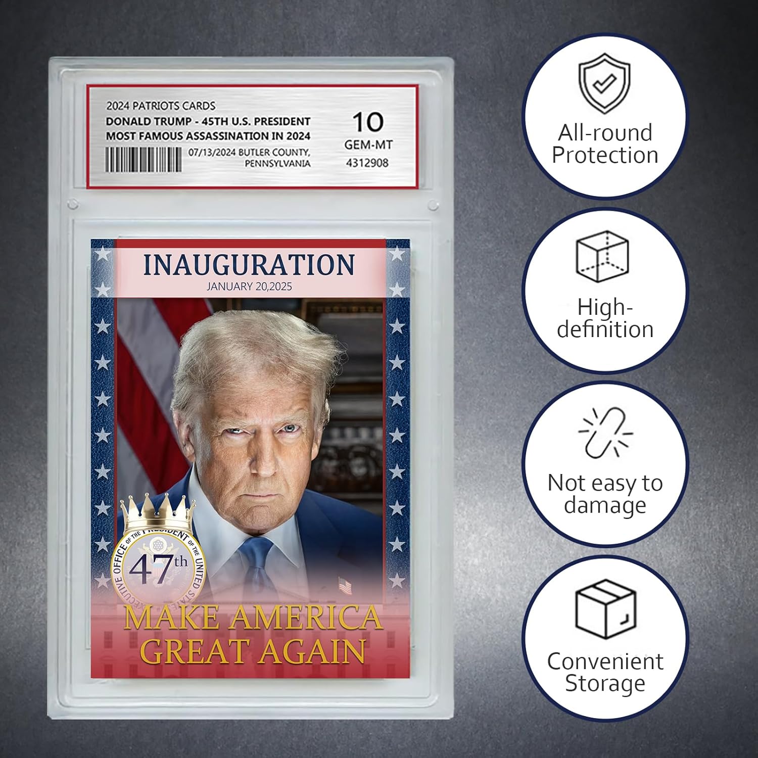 Trump Trading Card - Donald Trump Collectibles, Assasination Attempt, GEM Mint 10 Rated, 2024 MAGA Political Memorabilia Gifts (Inauguration Card with Base)