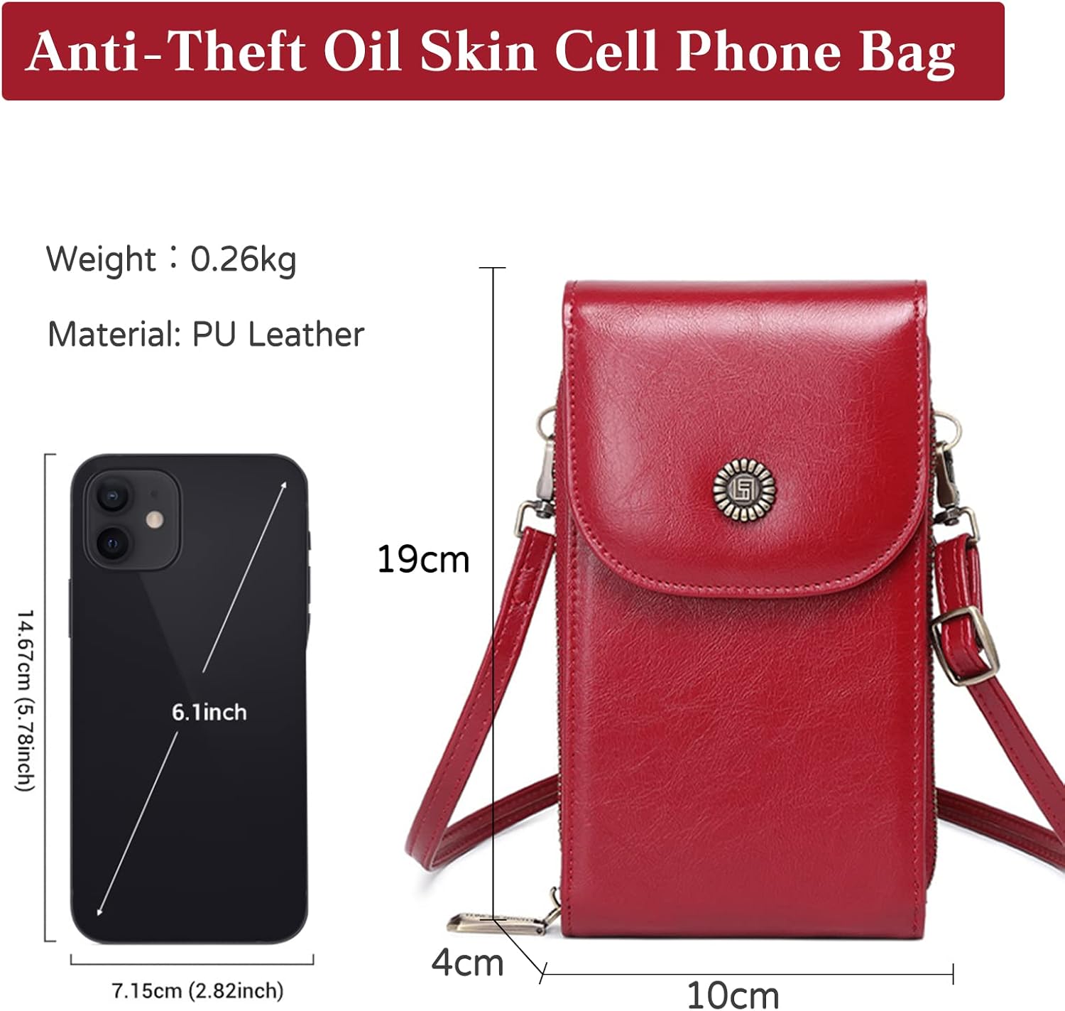 PORRASSO - Bolso Bandolera Mujer, Pequeño, Con Bloqueo RFID, Color Rojo, Cuero PU Impermeable