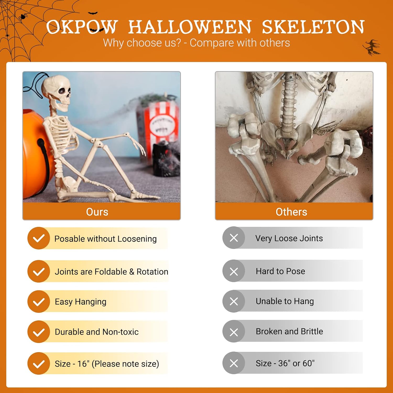 OKPOW 5 Pack 16" Small Skeleton Halloween Decor Full Body - Plastic Mini Skeleton Halloween Poseable Hanging Decorative - Cute Posable Joints Little Skeletons Indoor Table Decoration