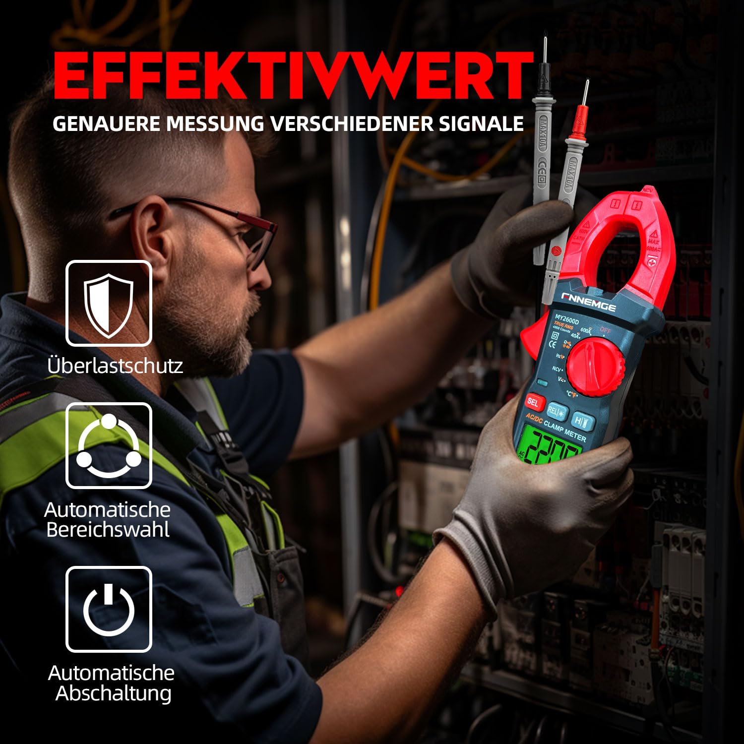 FNNEMGE Digitaler Stromzangen Multimeter DC/AC: 0-600A, Echteffektivwert, 6000 Zählungen, NCV-Messung von Wechselstrom/Gleichstrom, Spannung, Widerstand, Kapazität, Temperatur