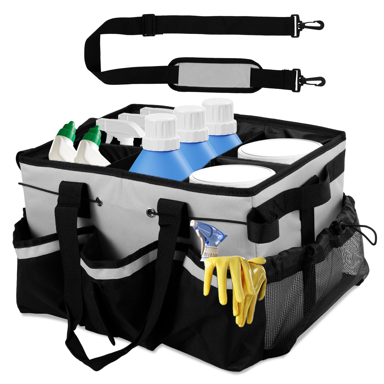 Ktcina Grey Large Cleaning Caddy Bag, Cleaner Caddy Organizer With Handle & Adjustable Shoulder Strap & Clips, 15 Pockets Cleaning Tote Bag Supplies Organizer For Housekeepers And Cleaners(Grey)