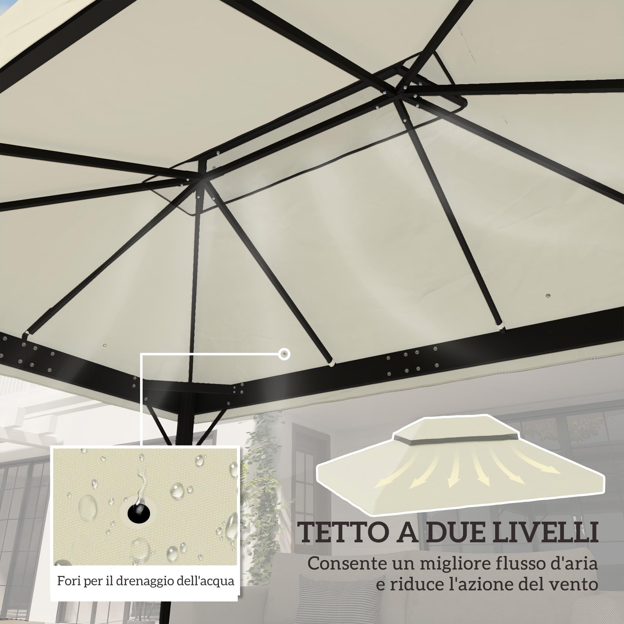 Outsunny Tetto di Ricambio per Gazebo 4x3 m a 2 Livelli Bianco Crema | da Giardino, Telo Gazebo, Resistente all'Acqua, Tessuto Oxford 370g/㎡, Anti-UV 30+, Fori di Drenaggio
