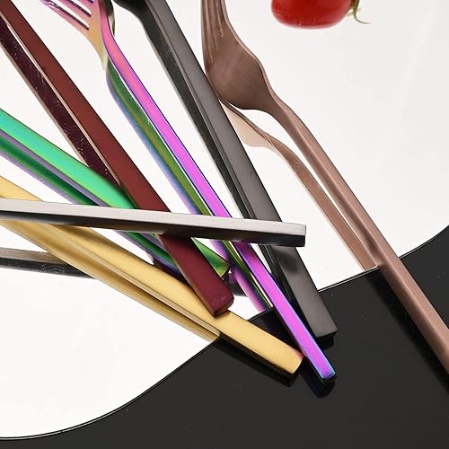 Miniatura 5 de JASHII Juego de cubiertos cepillados, 24 piezas de acero inoxidable, servicio para 6, cucharas de tenedor de cuchillo mate con mango plano cuadrado,