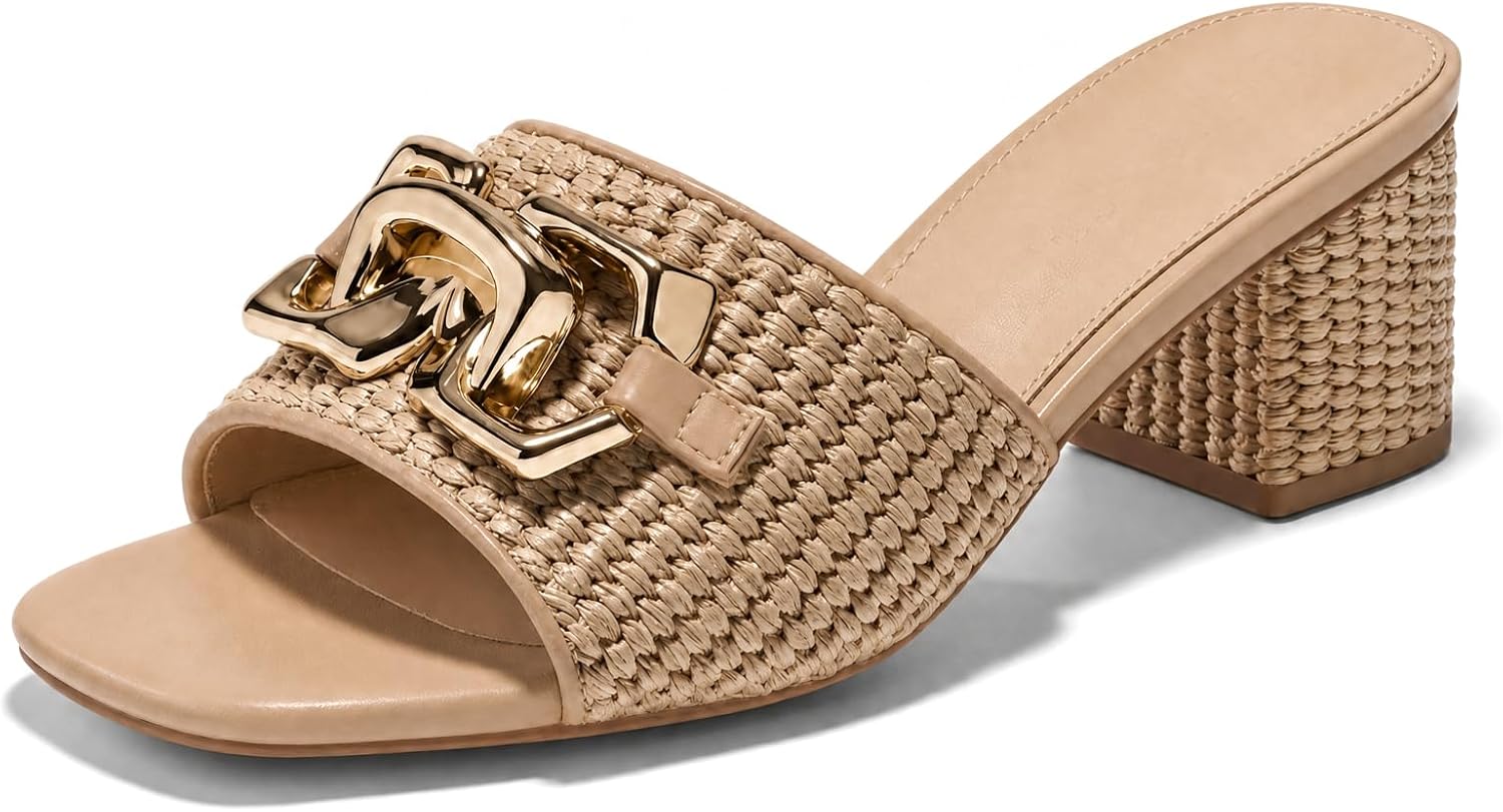 Women's Raffia Slide Sandals Square Toe Heeled Metal Chain Shoes