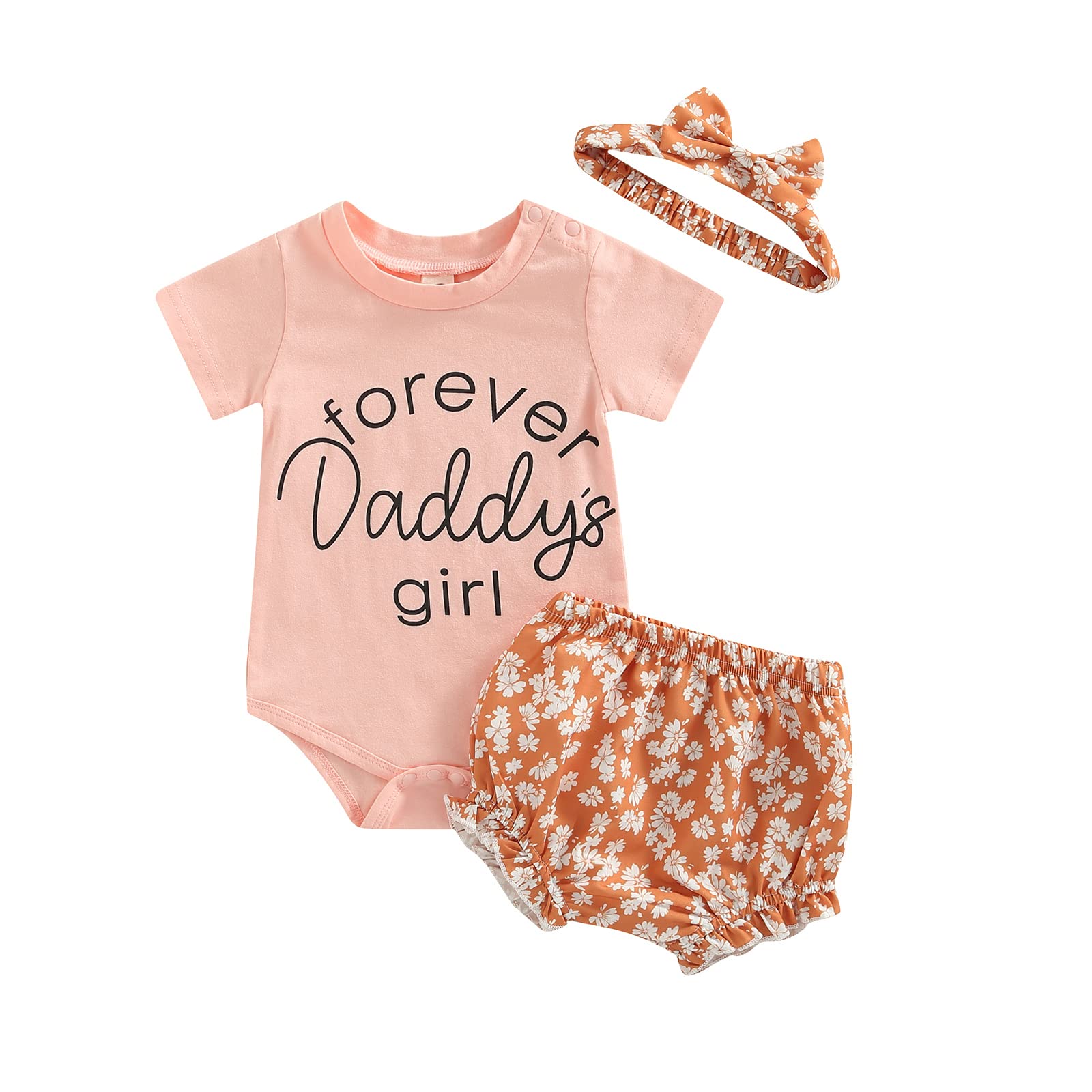 Newborn Baby Girl 3Pcs Outfits Short Sleeve Letter Print Romper Top Floral Print Ruffled Shorts Decorative Hairband Clothes Set (Pink , 18-24 Months )