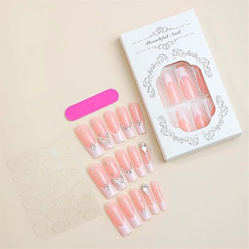 Miniatura 4 de Uñas acrílicas a presión, uñas postizas largas color rosa ataúd, con diseños de diamantes de imitación de mariposa 3D, piedras preciosas de