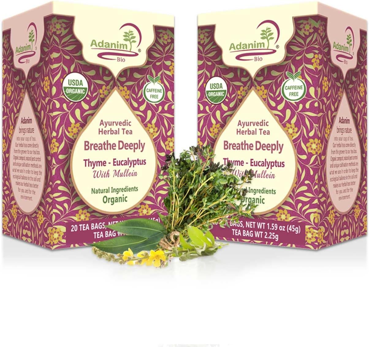 Ayurvedic Herbal Tea Breathe Deeply Thyme Eucalyptus Mullein Tea USDA Organic Naturally Caffeine-Free Antioxidant Rich Healthy Herbal Tea Wellness 40 Tea Bags