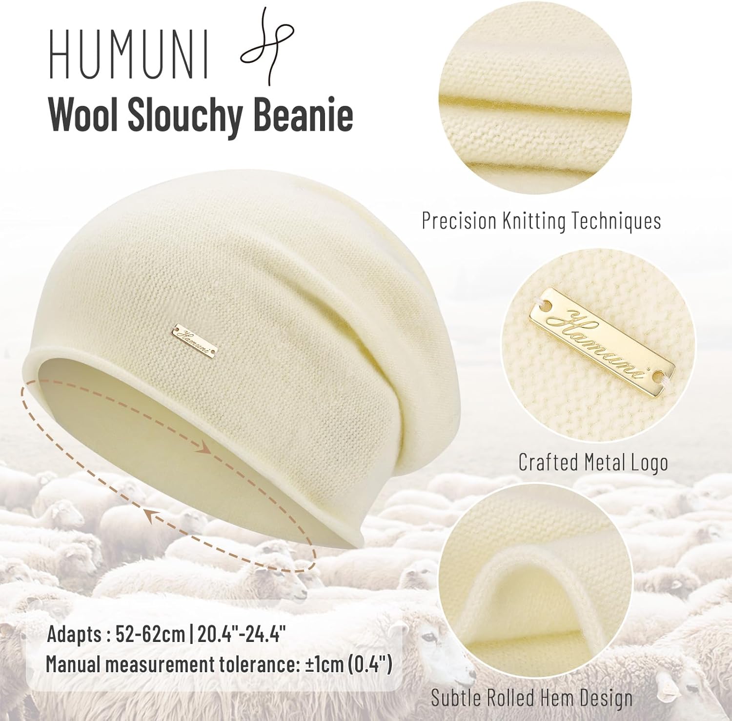 100% Wool Slouchy Beanie, Warm Beanie Hats for Women Breathable Knitting Skull Beanies Cap for Spring Fall Winter - Image 3