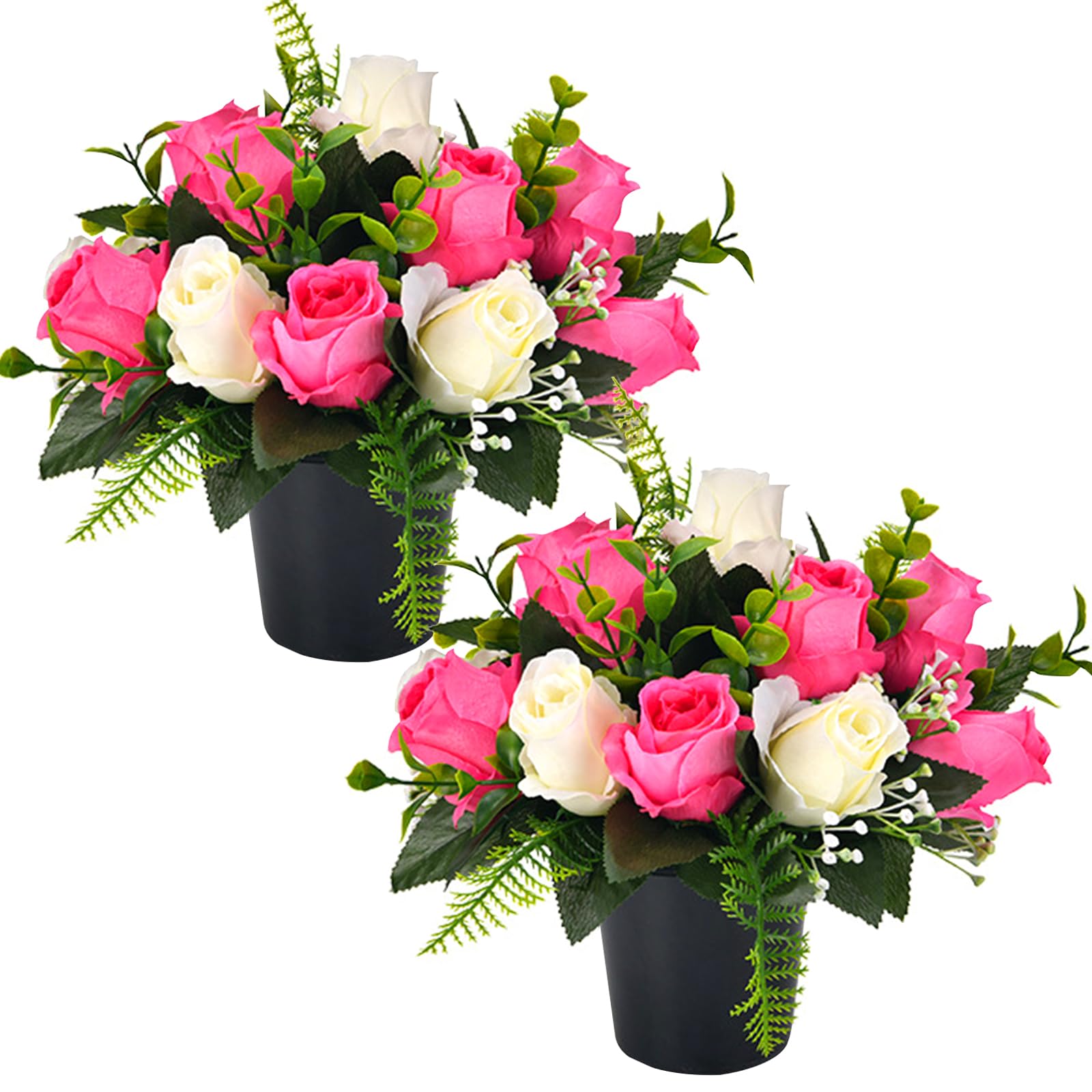 2 Set Artificial Flowers for Graves in Pot with 12-Head Pink White Roses Flake Plastics Silk Funeral Memorial Cemetery Christmas Grave Flowers Outdoor Graveside Ornaments for Granddad Mum Dad Friend — image 1
