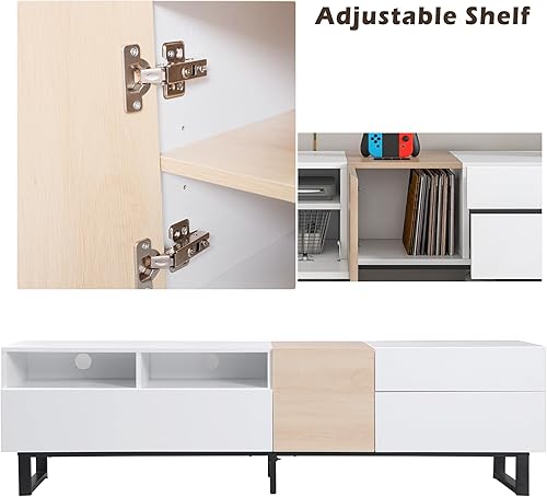 Miniatura 5 de Moderno soporte de TV con 3 gabinetes y estantes abiertos, centro de entretenimiento de madera minimalista para televisores de hasta 80 pulgadas,