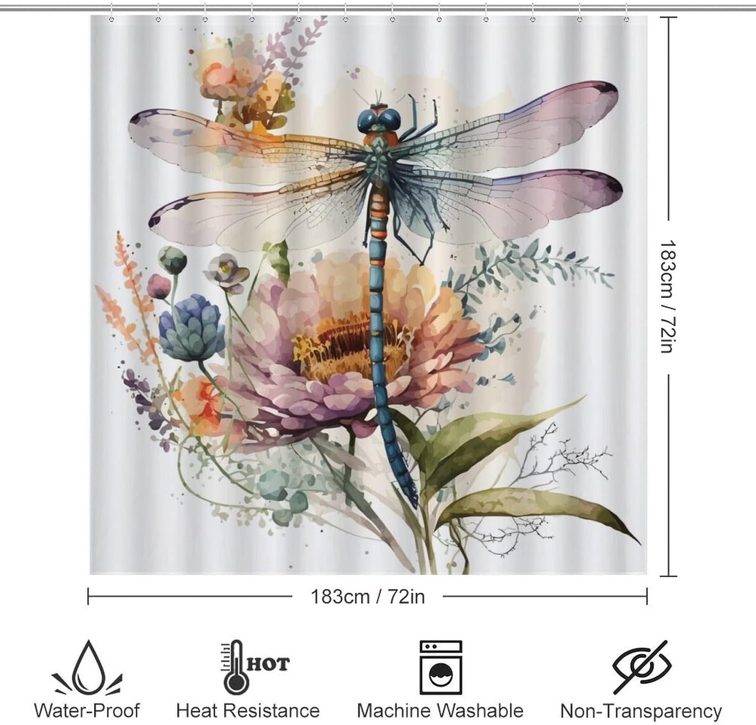 Watercolor Wildlife Dragonfly 4 Piece Shower Curtain Sets,Rustic Farmhouse Spring Garden Theme Dragonfly Floral Non-Slip Rugs,Toilet Lid Cover and Bath Mat,Durable and Waterproof,for Bathroom Decor