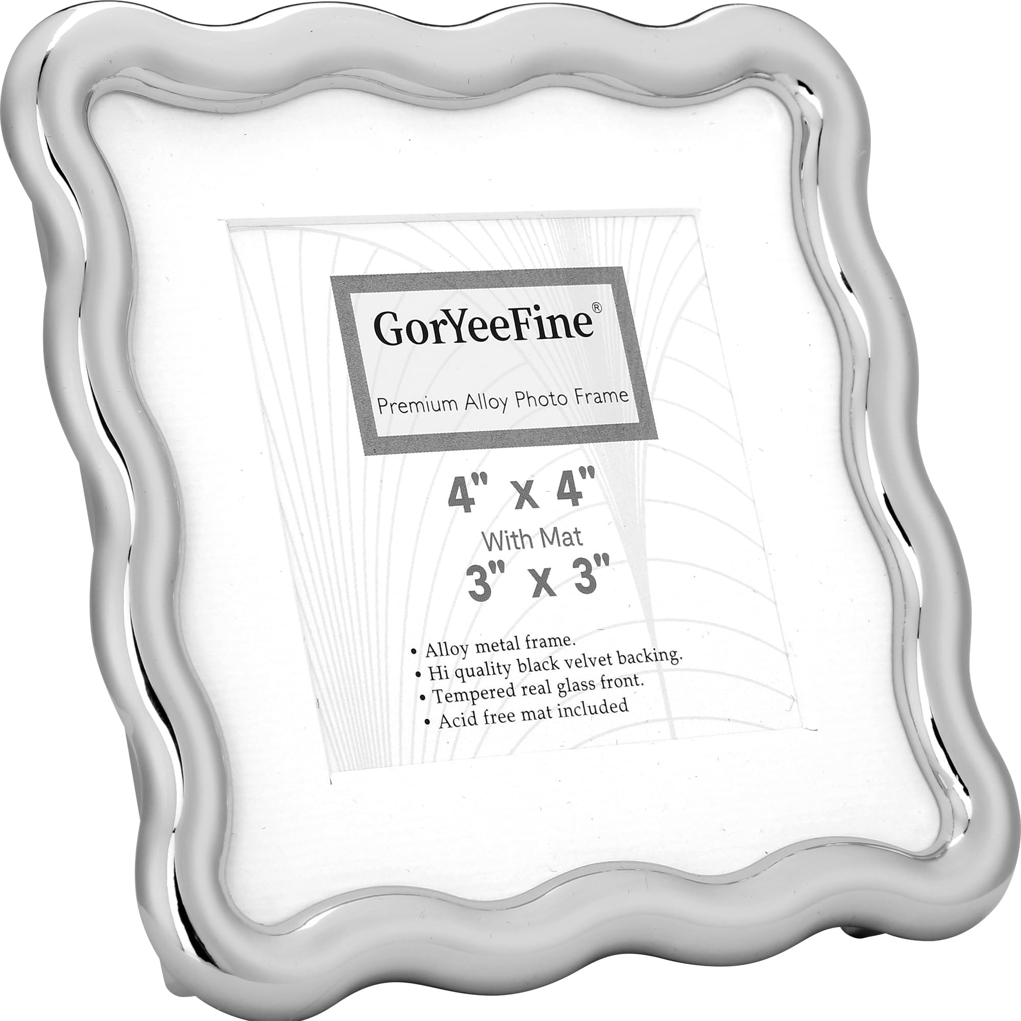 High-End Silver 4x4'' Square Zinc Alloy Picture Frames,with Acid Free Mat for 3x3'',Unique Wave Design,with Premuim Soft Velvet & Backing for Tabletop or Home Decor