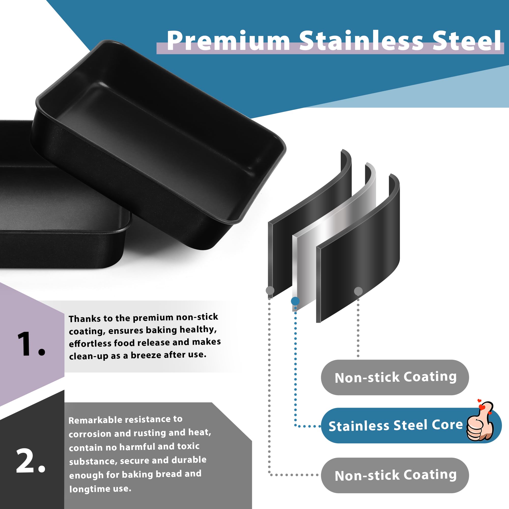 Joyfair 8 Inch Square Cake Tin Set of 2, Stainless Steel Cake Mould with Non-Stick Surface - Image 3