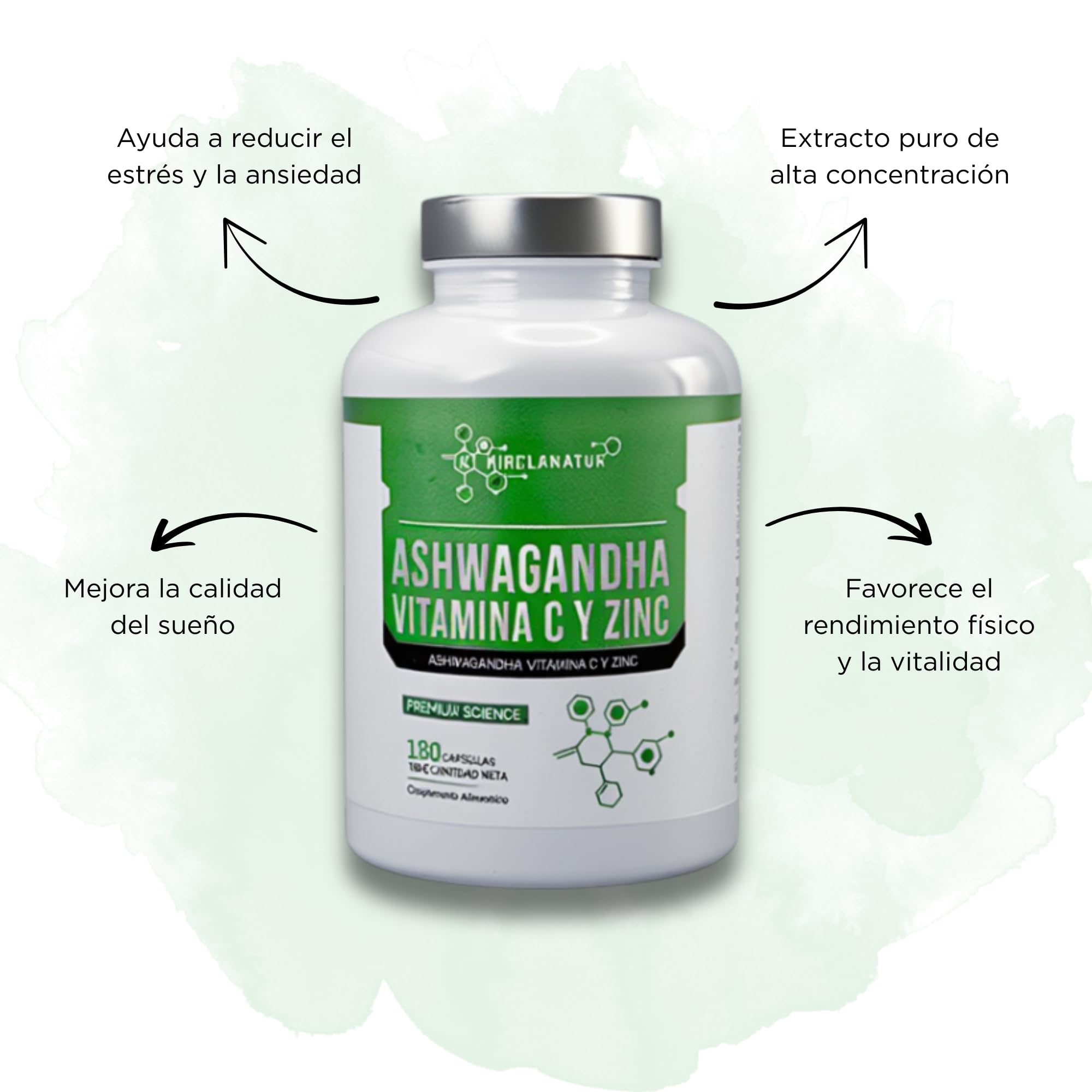 Ashwagandha con Vitamina C y Zinc - Antiestrés Natural, Energía y Equilibrio Emocional - Sueño Reparador y Refuerzo del Sistema Inmunitario - 180 Cápsulas Sin Gluten | KIROLANATUR