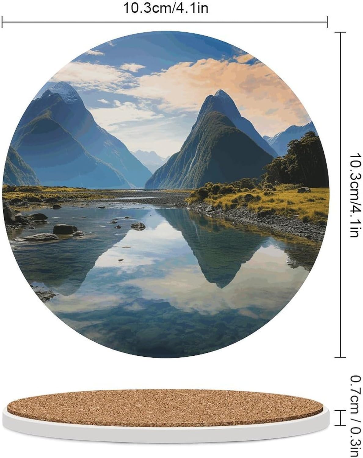 6PCS Fiordland National Park Coasters Non-Slip Round Drink Coasters with Ceramic Stone and Cork Base, Heat Resistant Absorbent 33.00Stone Coaster Set for Kinds of Mugs and Cups, 4 Inch