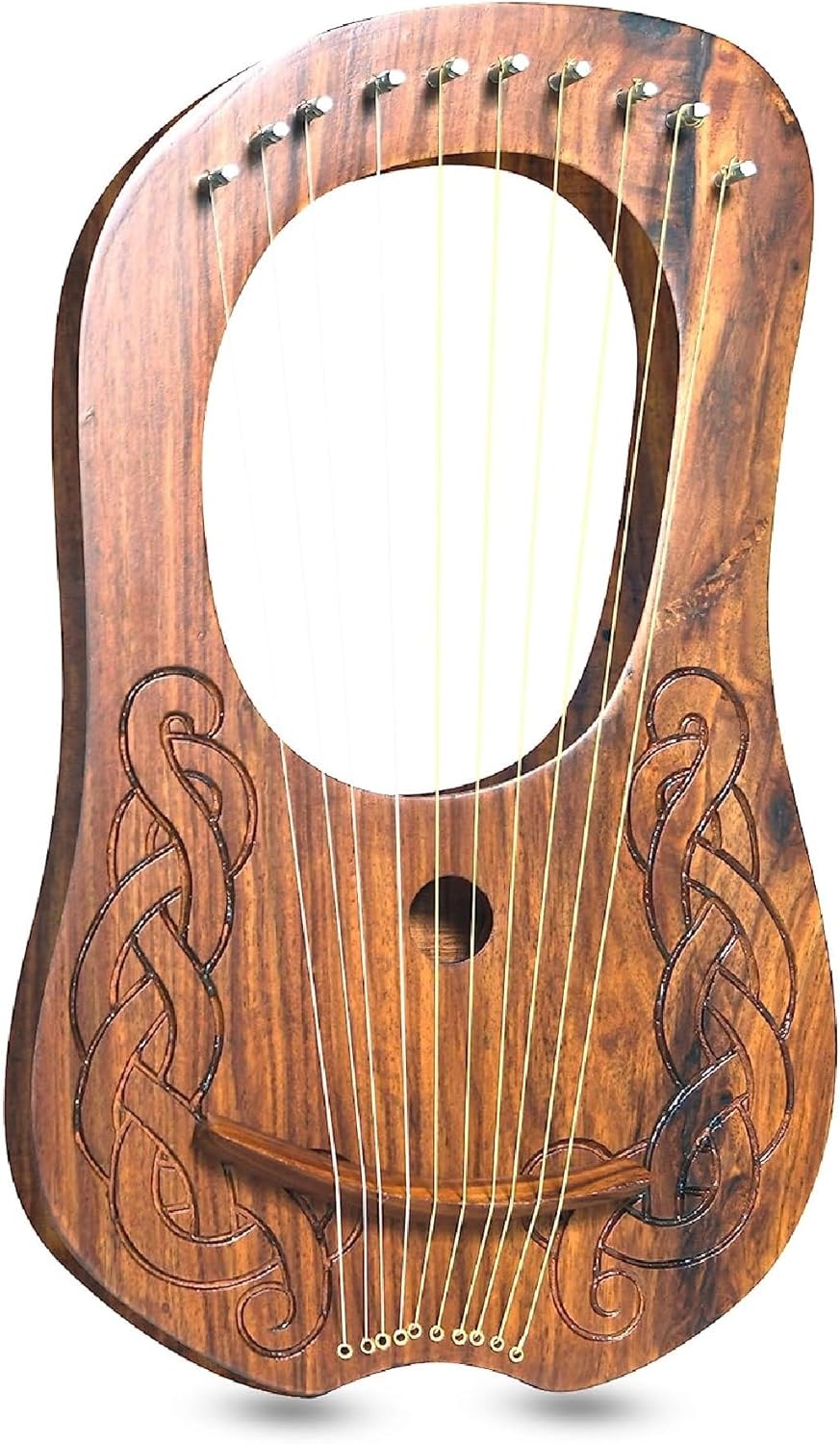 10 Metal Strings lyre harp Engraved Celtic Knot Design Natrual finish tuning key, Carrying bag