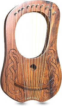 10 Metal Strings lyre harp Engraved Celtic Knot Design Natrual finish tuning key, Carrying bag