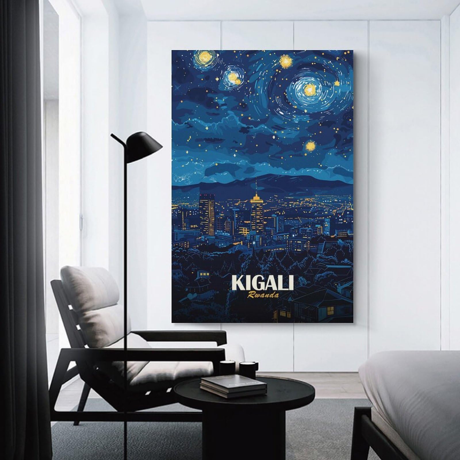 Junmoney Kigali Rwanda Starry Night Cityscape Room Decor Wall Art, 20x30inch(50x75cm), for Feature Walls in Flats Or Modern Rooms, A Versatile Canvas Print for Layering