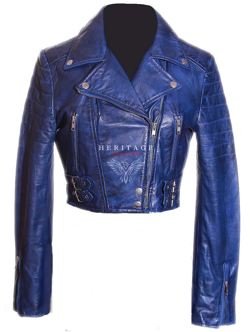 H.E Missy Blue Cropped Ladies Women's Biker Style Double Breasted Retro Designer Real Soft Washed Lambskin Leather Fashion Short Jacket (12)
