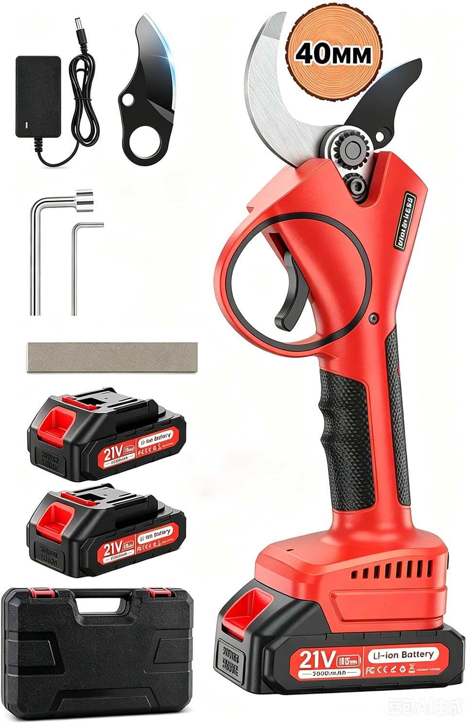 Akku Astschere, 40MM Akku Gartenschere Leistungsstark 800W Elektrische Gartenschere mit 2x2000mAh 21V Akkus, Leistungsstarke, 6-8H Laufzeit, Akku Schere für Obstbäume, Weinreben,Gartenschnitt, Zweige