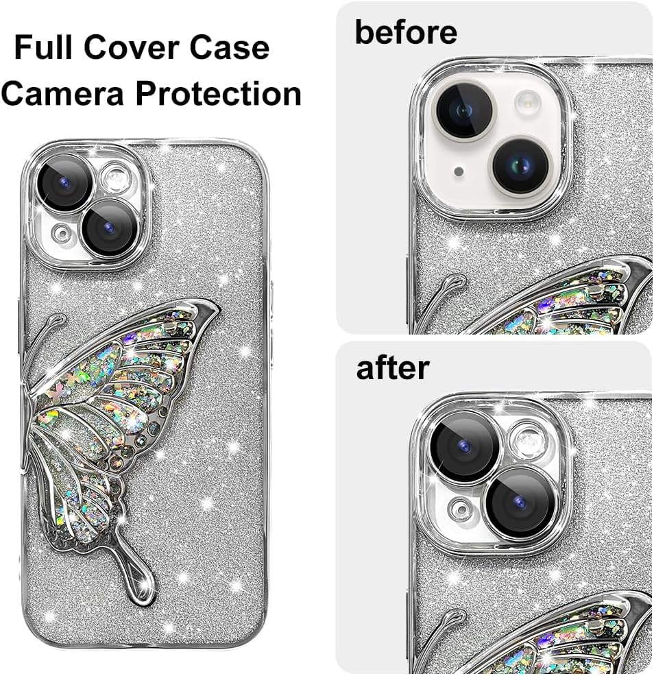 Image of SHINESTAR 3D Butterfly Case for iPhone 15 Cover, Cute Girly Glitter Bling Luxury Back Cover for Women Girls Protective Shockproof Slim Camera Protection (or iPhone 15 - Silver