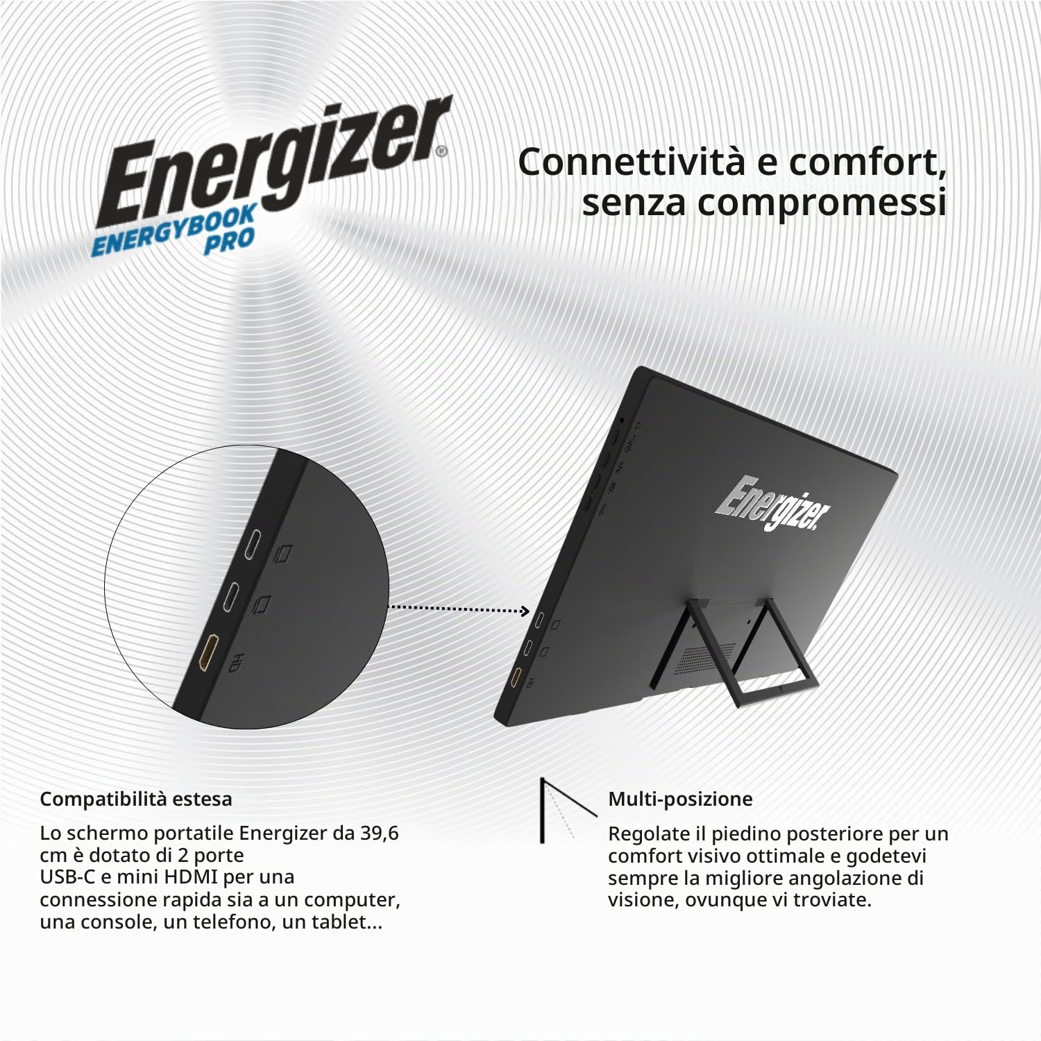 Energizer Monitor Portatile 15.6" FHD 1080p IPS - Schermo Esterno Ultra Sottile e Leggero per PC, Mac e Smartphone, USB-C e Mini HDMI, Altoparlanti Integrati - Nero