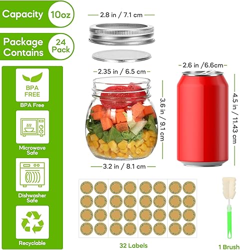 Miniatura 2 de EkkoVla Tarro Mason de 10 onzas con tapa regular y banda, paquete de 24 tarros de vidrio de 10.1 fl oz para conservas, preparación de comidas,