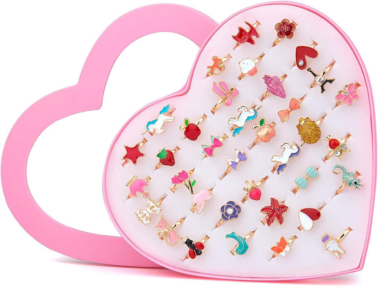 Bague Fille, Bagues Enfants Fille Réglables Bague, 36 Pièces Bagues Fille Bagues Petites Filles Enfants Bague de Dessin Animé avec Boîte De Coeur Rose