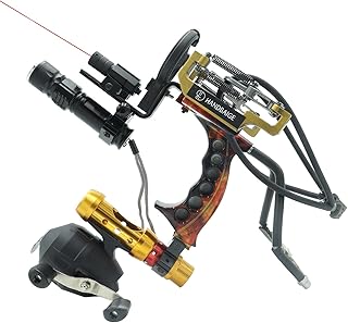 HANDBAIGE Powerful Fishing Slingshot Outdoor Catapult Archery Slingbow Arrows Ammo 2 in1 Slingshot with Arrow Brush,Fishing Reel,Fishing Reel Rack,Flashlight,4 Replacement Bands